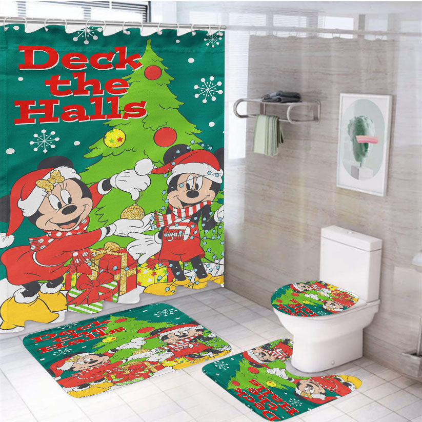 Disney Mickey And Minnie Deck The Halls 4Pcs Bathroom Set Shower Curtain