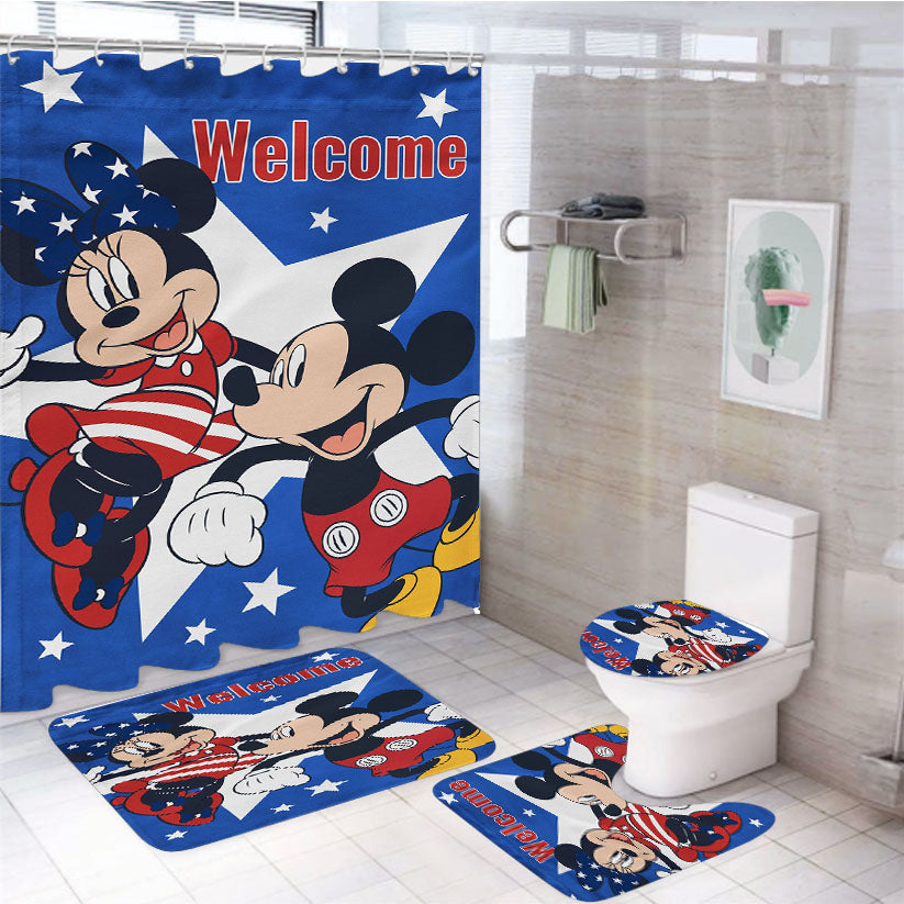 Disney Mickey And Minnie Usa Welcome 4Pcs Bathroom Set Shower Curtain
