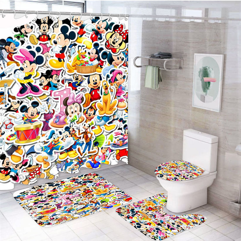 Disney Old Cartoon Mickey Minnie Mouse Donald Duck Pluto Goofy 4Pcs Bathroom Set Shower Curtain
