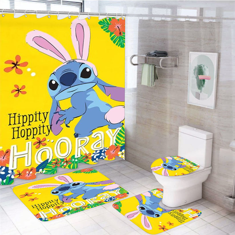 Easter Bunny Stitch 4Pcs Bathroom Non-Slip Rugs Shower Curtain Fabric Waterproof