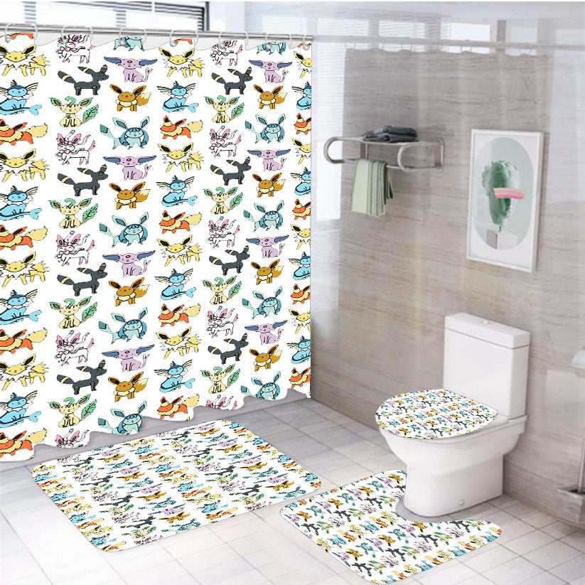 Eevee Evolutions Pattern 4Pcs Bathroom Non-Slip Rugs Shower Curtain Fabric Waterproof