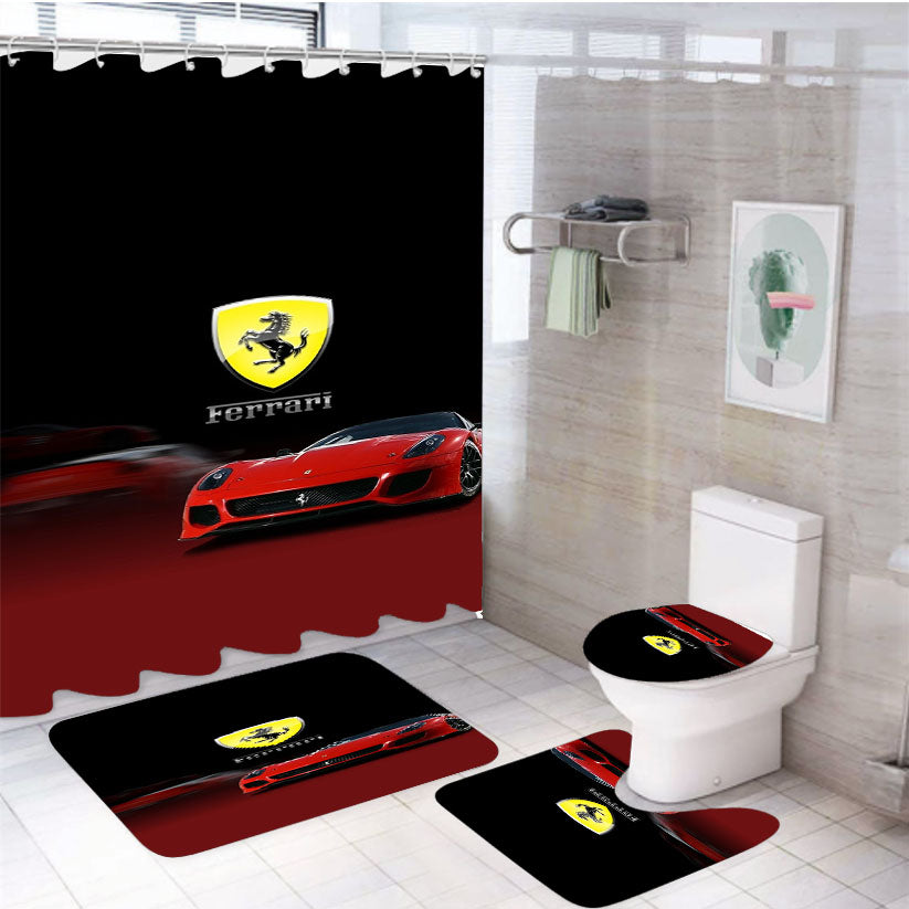 Fast Car Ferrari 4Pcs Bathroom Non-Slip Rugs Shower Curtain Fabric Waterproof