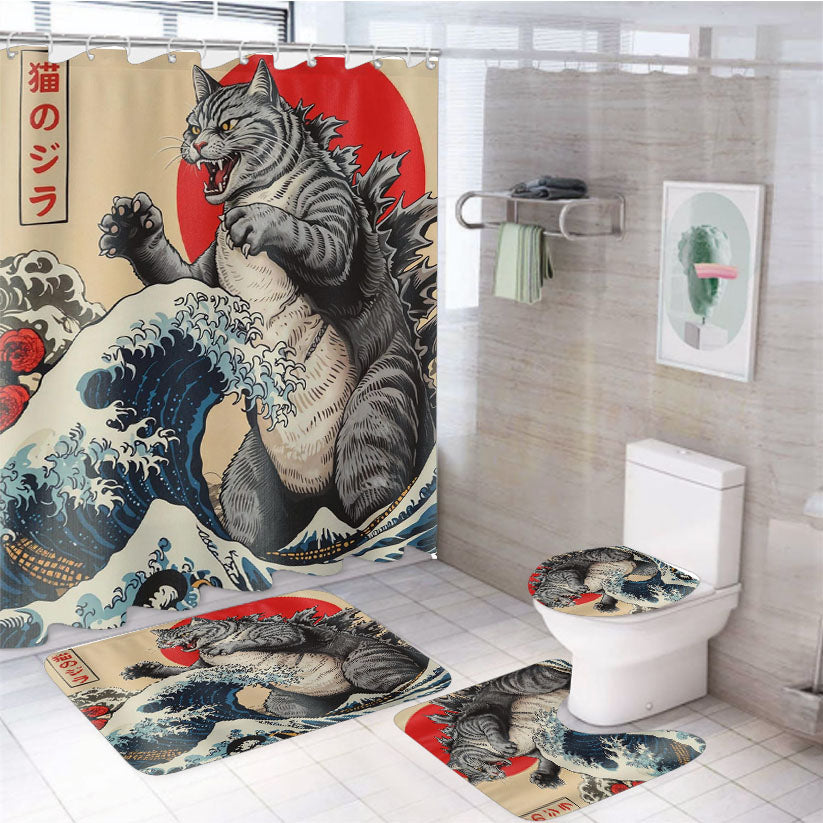 Funny Japanese Catzilla 4Pcs Bathroom Set Shower Curtain