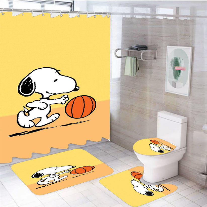 Funny Snoopy Play Basket 4Pcs Bathroom Set Shower Curtain