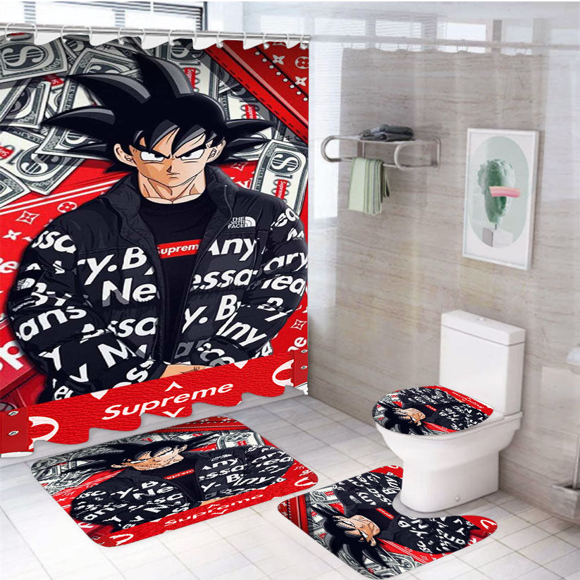 Goku In Supreme Louis Vuitton Mode 4Pcs Bathroom Non-Slip Rugs Shower Curtain Fabric Waterproof
