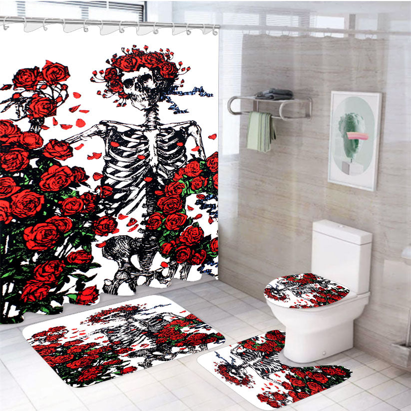 Grateful Dead Skeleton Bones And Roses 4Pcs Bathroom Set Shower Curtain