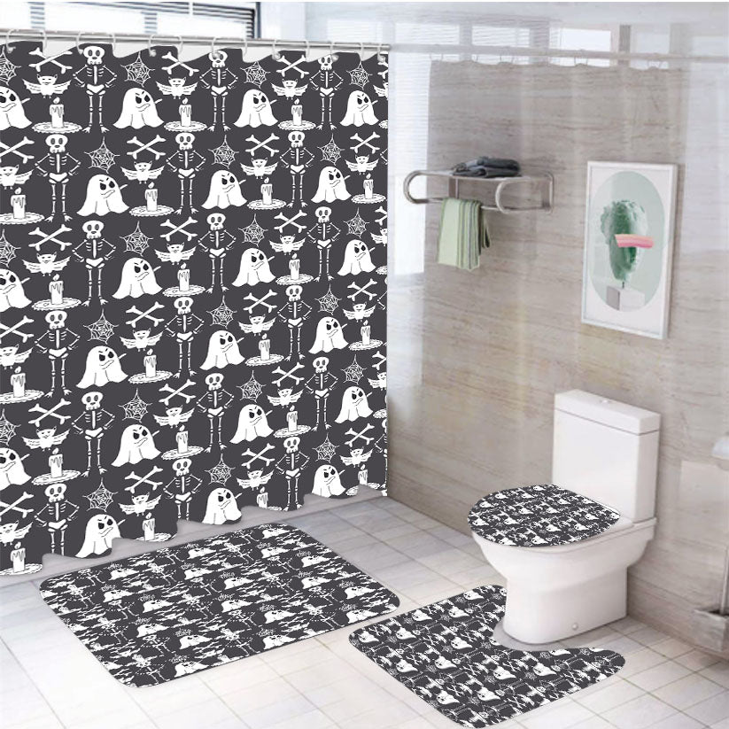 Grayscale Pattern Halloween Ghost Skeleton 4Pcs Bathroom Set Shower Curtain