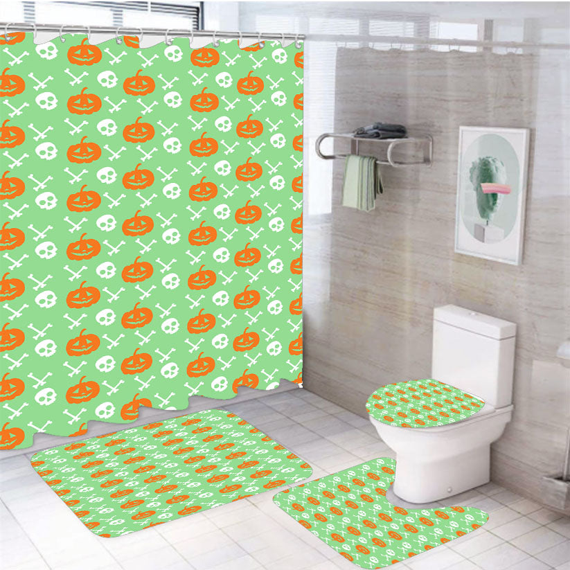 Green Pattern Pumpkins Bone And Head Skeleton Halloween 4Pcs Bathroom Set Shower Curtain
