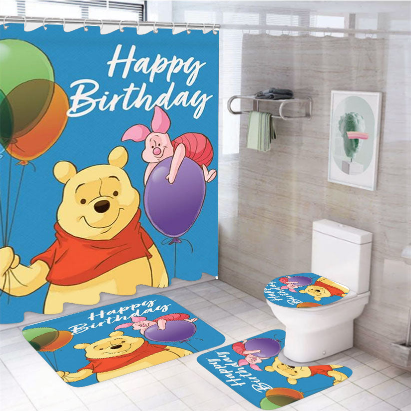 Happy Birthday Balloons Pooh & Piglet 4Pcs Bathroom Set Shower Curtain