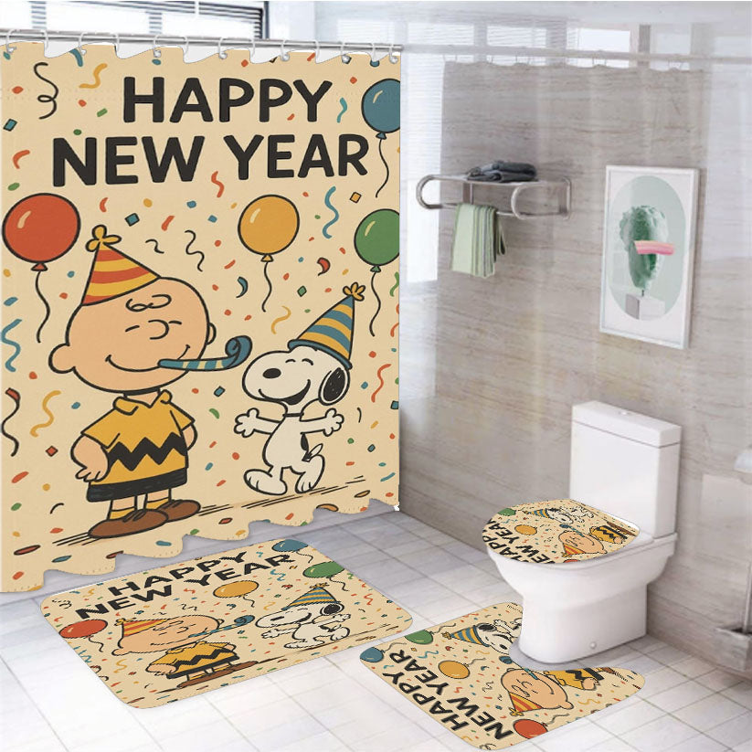 Happy New Year Charlie Brown And Snoopy 4Pcs Bathroom Set Shower Curtain