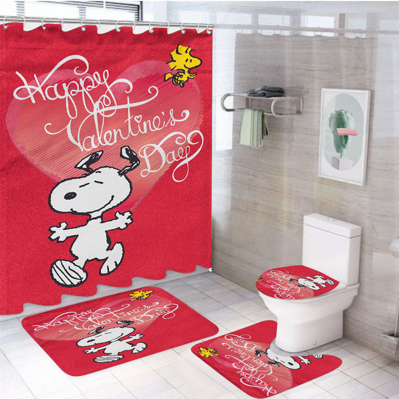 Happy Valentine'S Day Snoopy 4Pcs Bathroom Set Shower Curtain