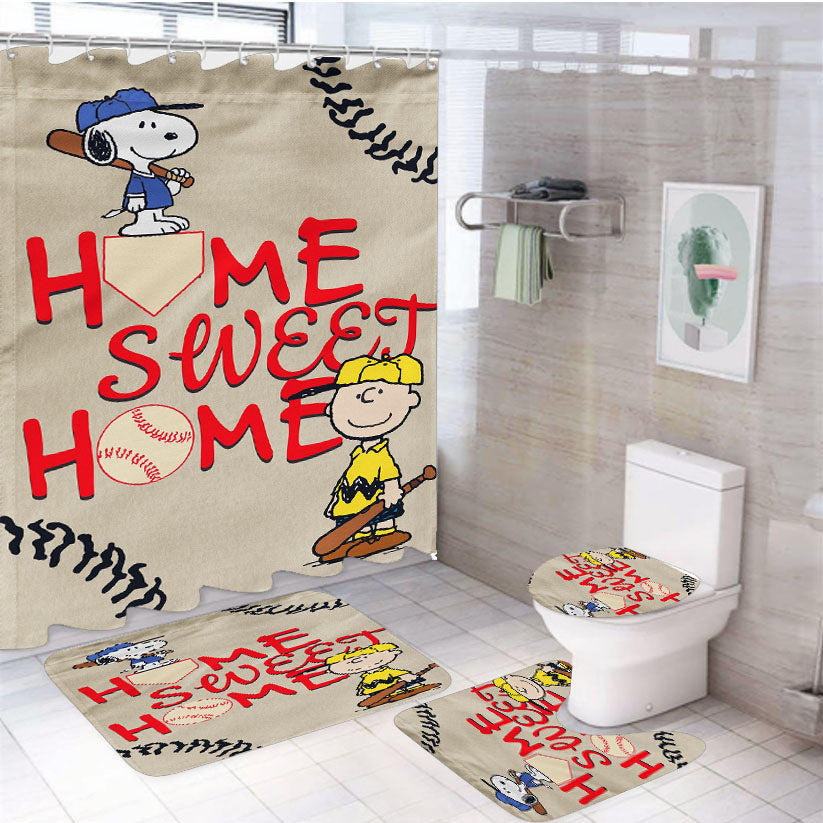Home Sweet Home Snoopy Baseball 4Pcs Bathroom Set Shower Curtain