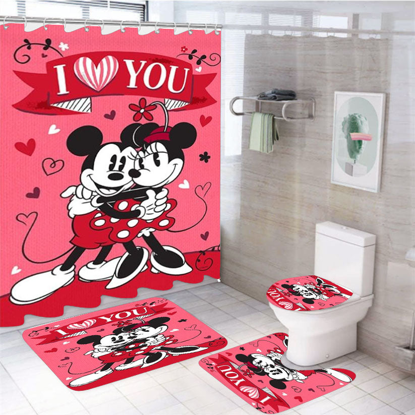 I Love You Mickey & Minnie 4Pcs Bathroom Set Shower Curtain