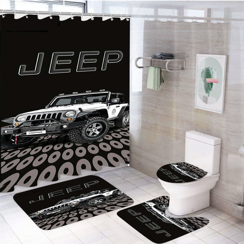 Jeep White Car 4Pcs Bathroom Set Shower Curtain