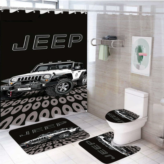 Jeep White Car 4Pcs Bathroom Non-Slip Rugs Shower Curtain Fabric Waterproof