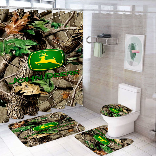 John Deere Camo Logo 4Pcs Bathroom Non-Slip Rugs Shower Curtain Fabric Waterproof