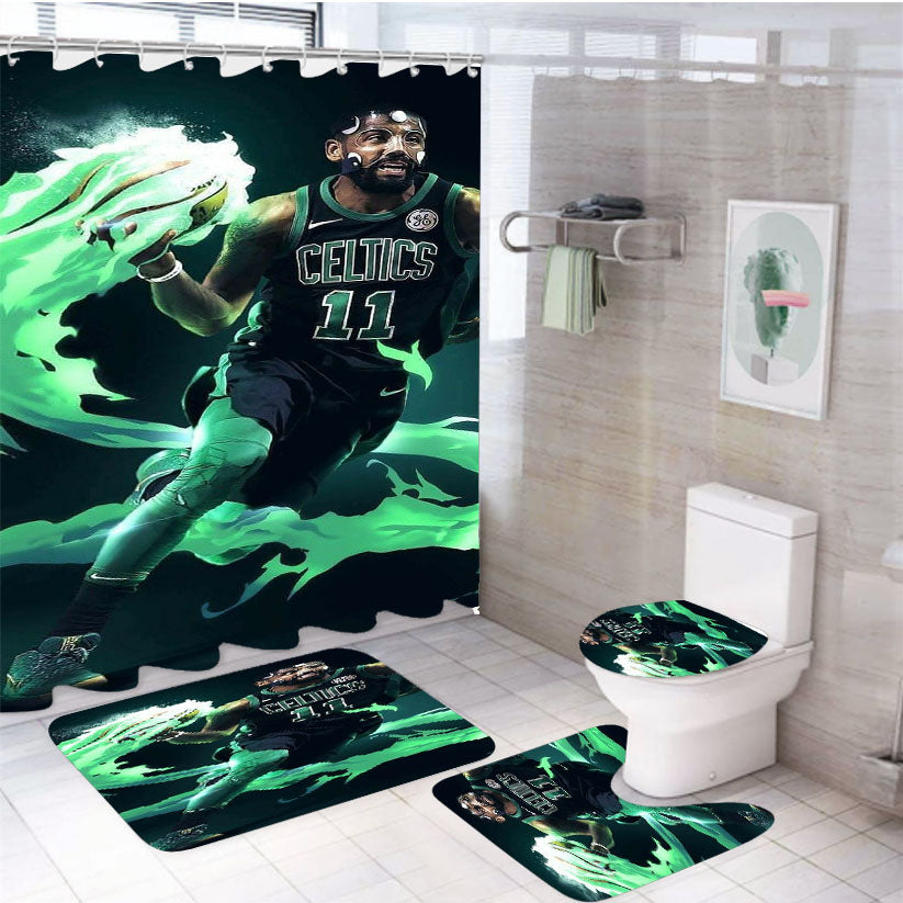 Kyrie Irving Green Flame Nba 4Pcs Bathroom Non-Slip Rugs Shower Curtain Fabric Waterproof