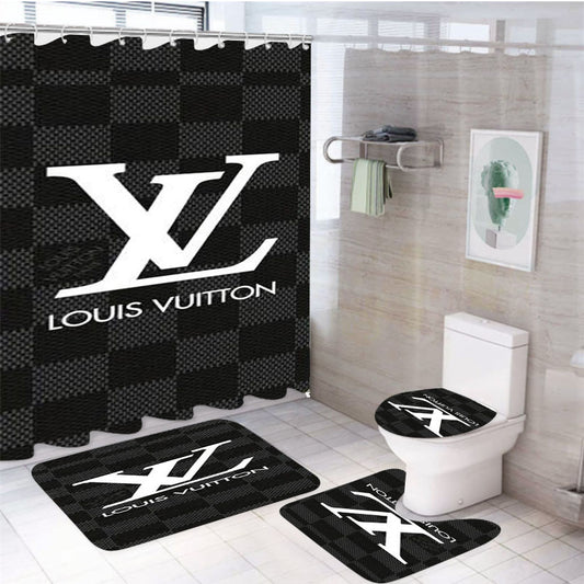 Louis Vuitton 41 4Pcs Bathroom Non-Slip Rugs Shower Curtain Fabric Waterproof