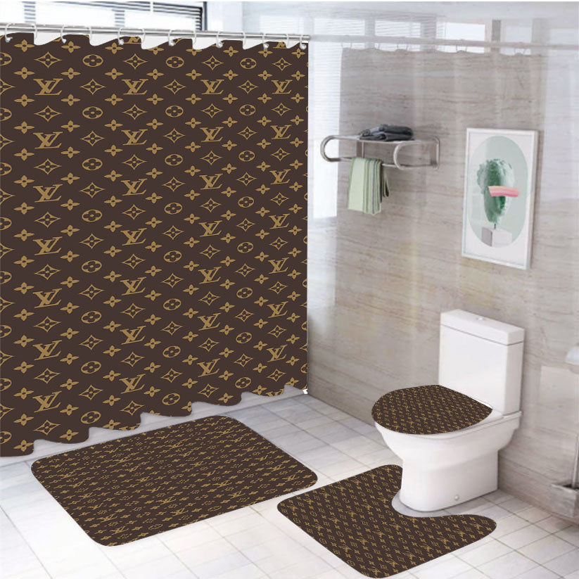 Louis Vuitton Aesthetic 4Pcs Bathroom Non-Slip Rugs Shower Curtain Fabric Waterproof