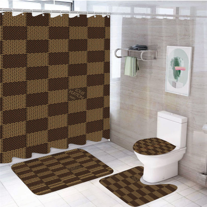 Louis Vuitton Brown 4Pcs Bathroom Non-Slip Rugs Shower Curtain Fabric Waterproof