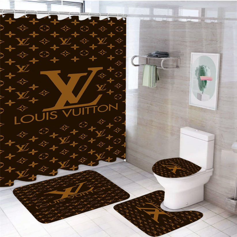 Louis Vuitton Brown Pattern 4Pcs Bathroom Non-Slip Rugs Shower Curtain Fabric Waterproof