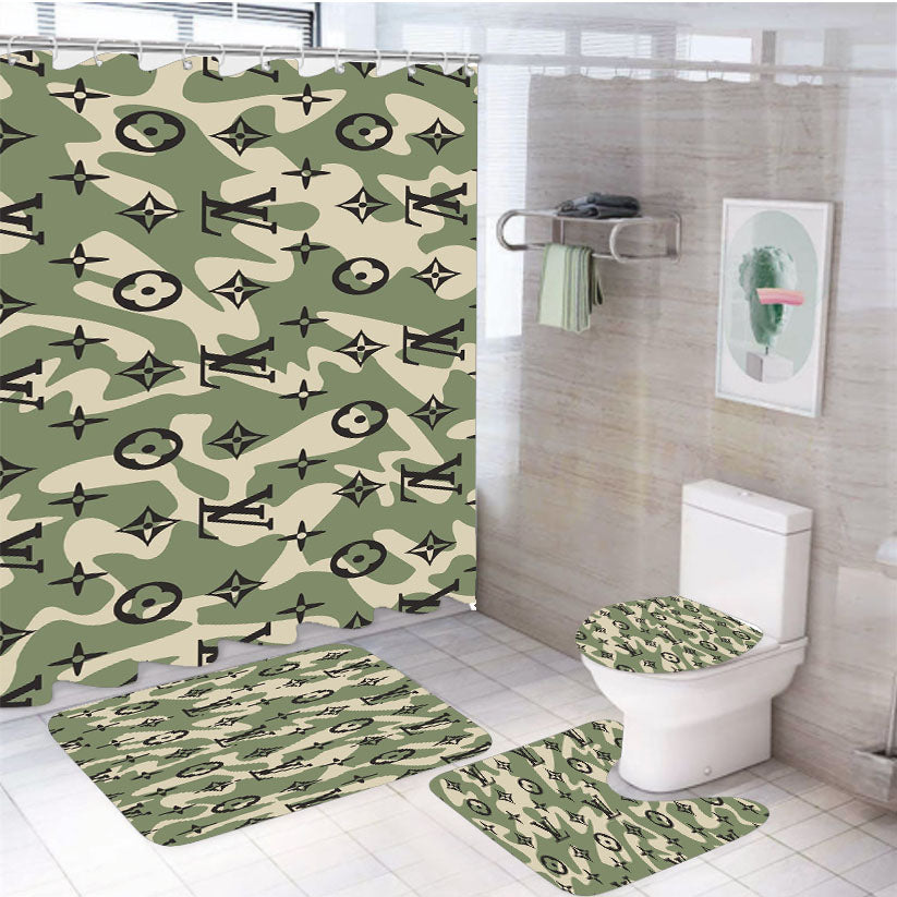 Louis Vuitton Camo 4Pcs Bathroom Non-Slip Rugs Shower Curtain Fabric Waterproof