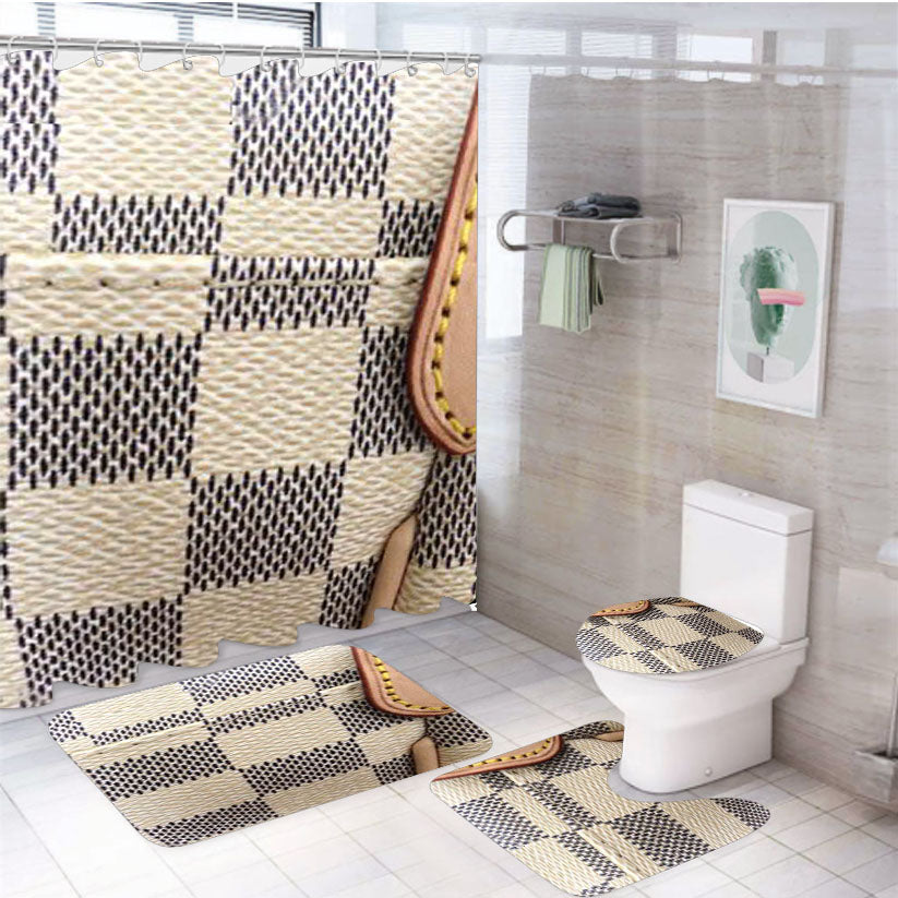 Louis Vuitton Checkered 4Pcs Bathroom Non-Slip Rugs Shower Curtain Fabric Waterproof