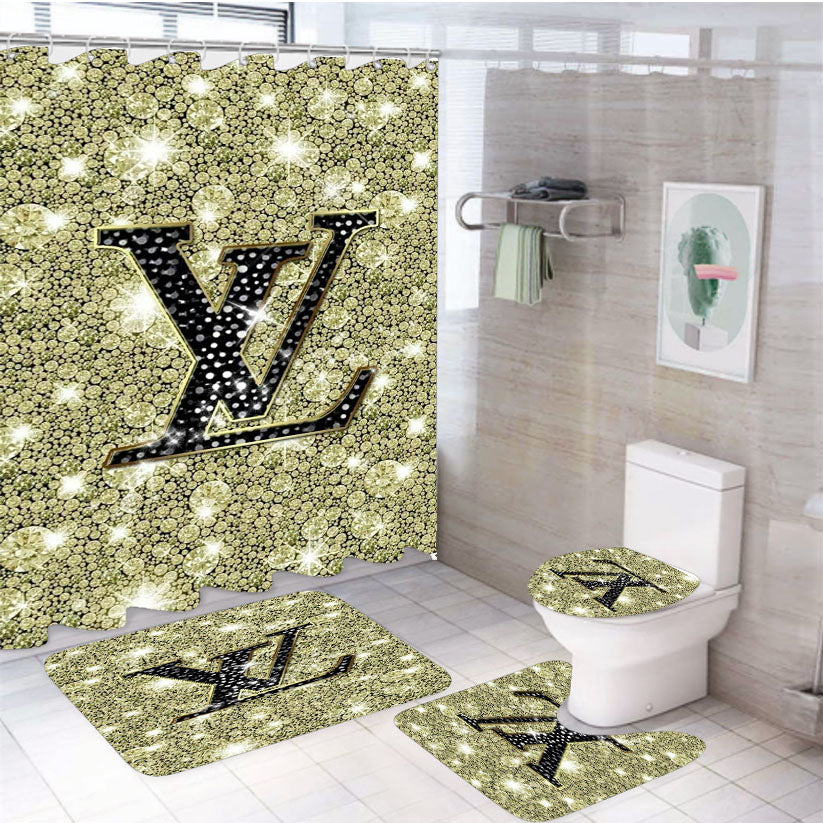 Louis Vuitton Diamond Clean 4Pcs Bathroom Non-Slip Rugs Shower Curtain Fabric Waterproof