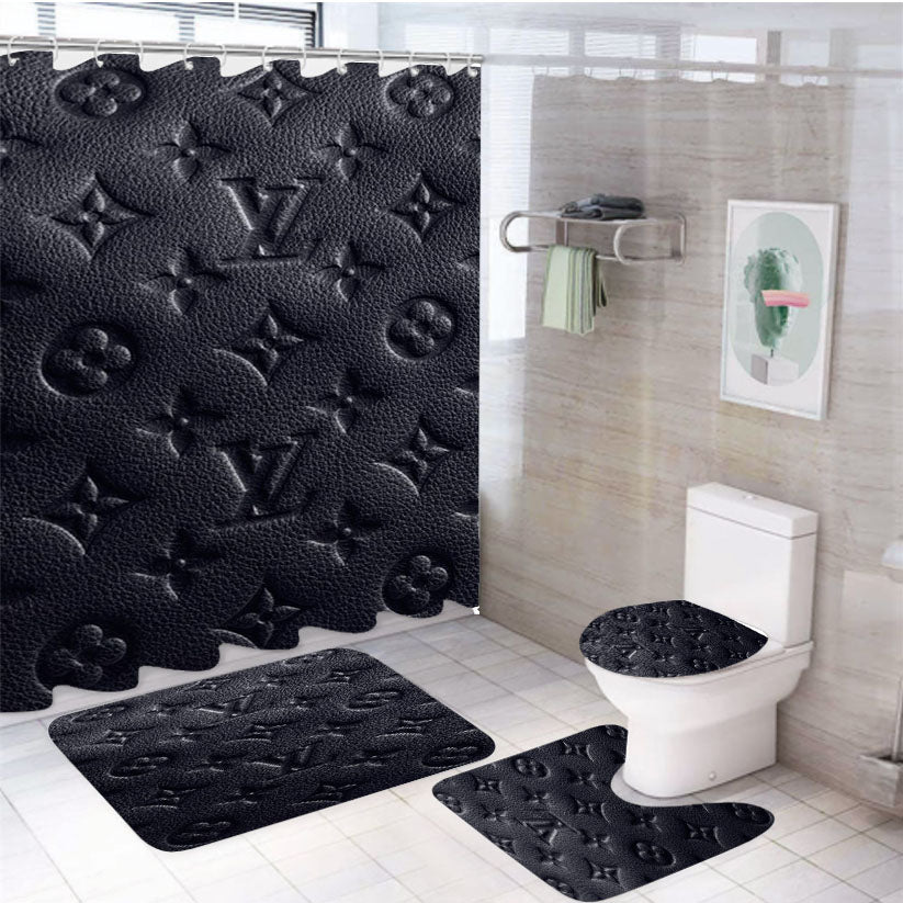Louis Vuitton Fashion Logo Gray 4Pcs Bathroom Non-Slip Rugs Shower Curtain Fabric Waterproof