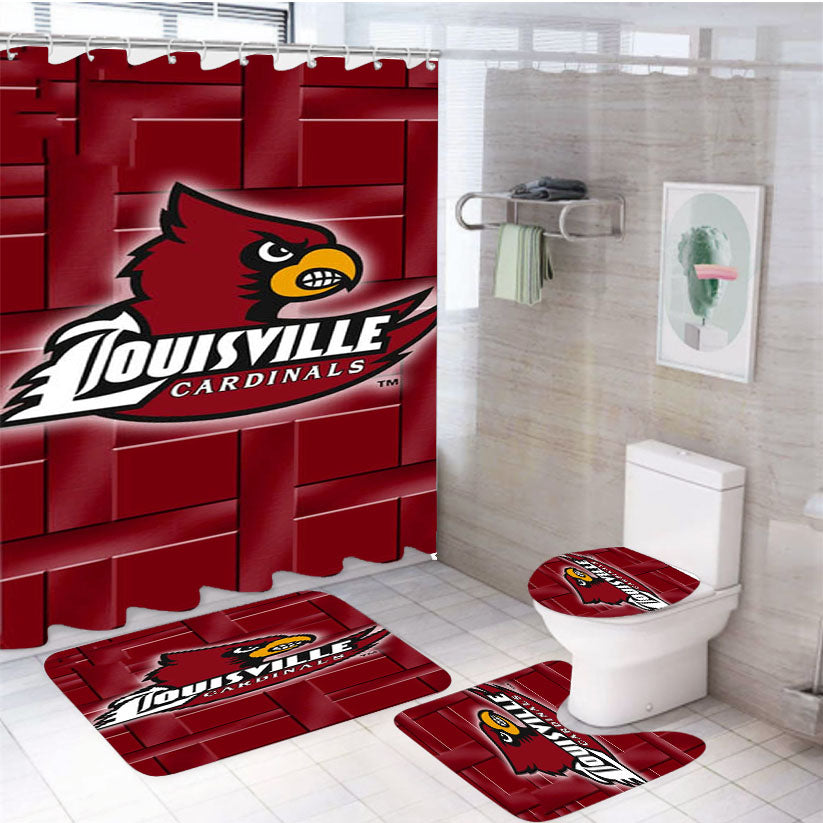 Louisville Cardinal Logo 4Pcs Bathroom Non-Slip Rugs Shower Curtain Fabric Waterproof