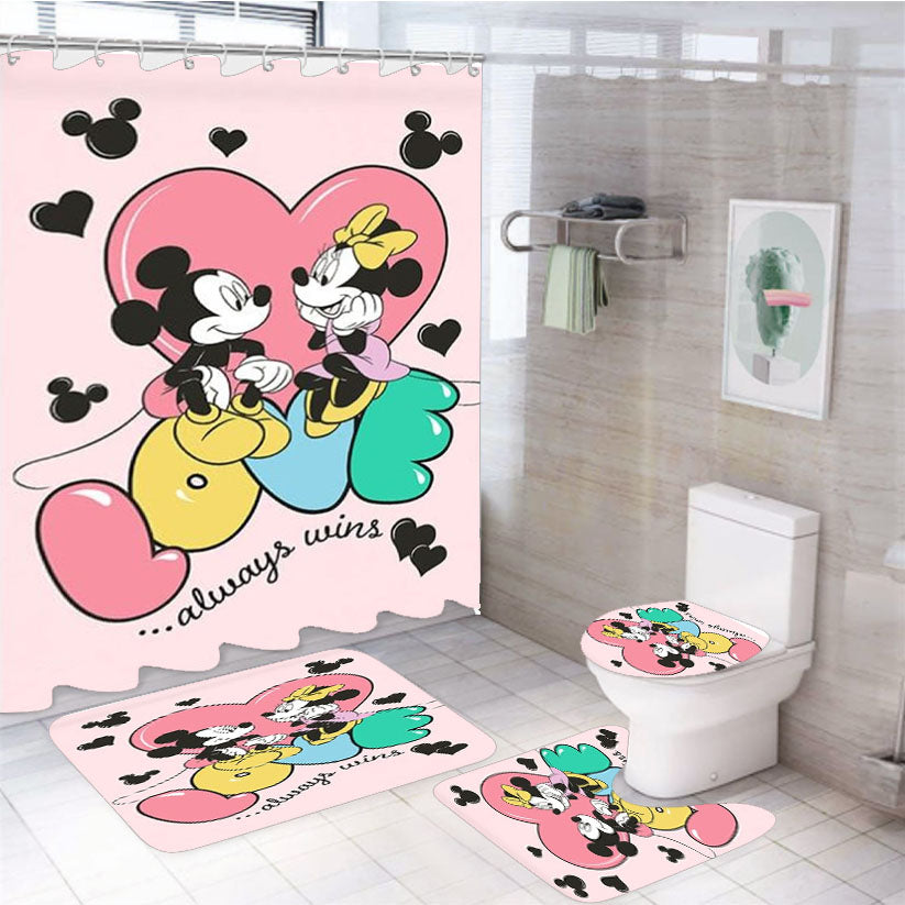Love Always Wins Mickey & Minnie 4Pcs Bathroom Set Shower Curtain