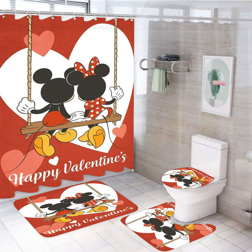 Love Is In Swing Mickey Mouse And Minnie Mouse 4Pcs Bathroom Set Shower Curtain