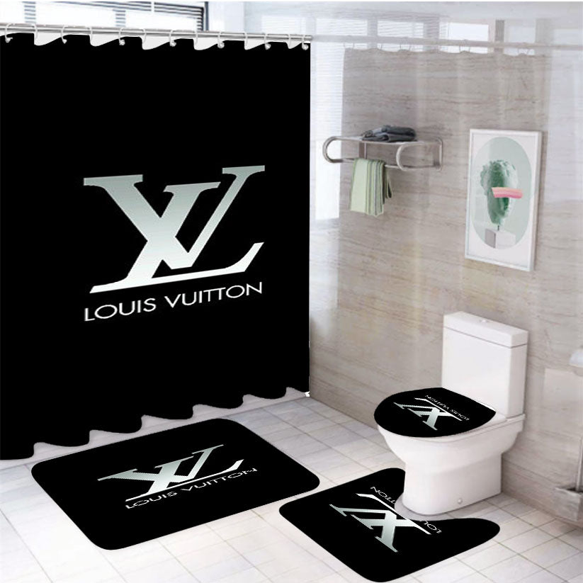 Lv Louis Vuitton 4Pcs Bathroom Non-Slip Rugs Shower Curtain Fabric Waterproof
