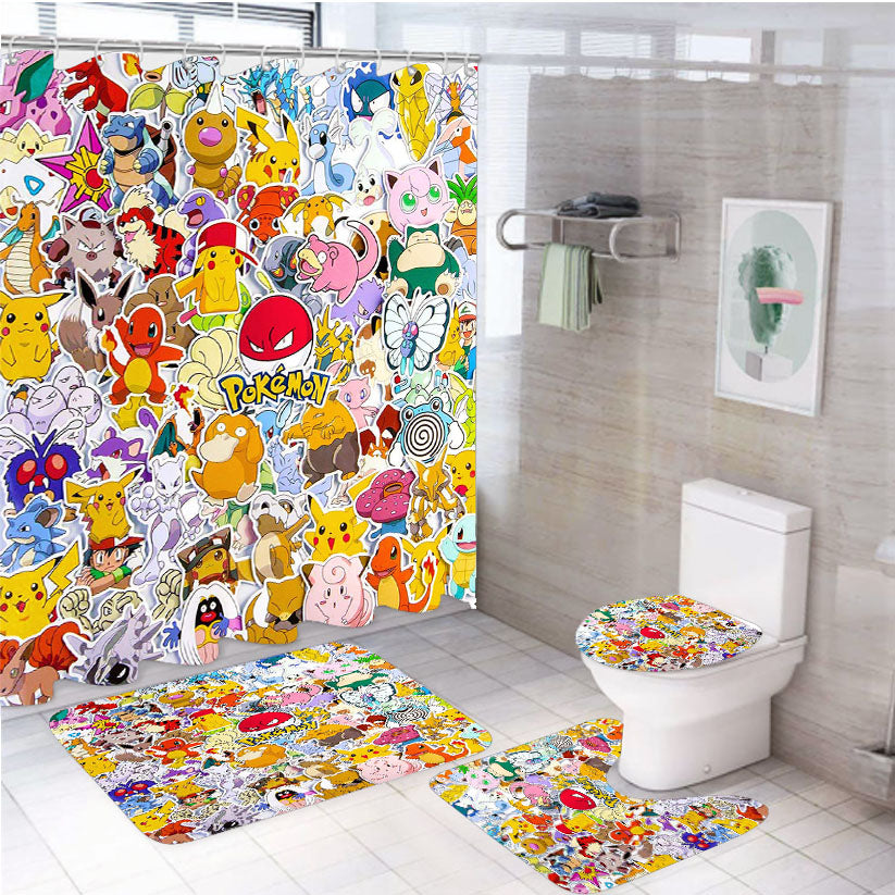 Many Cute Pokemon Creature Characters Cartoon 4Pcs Bathroom Set Shower Curtain
