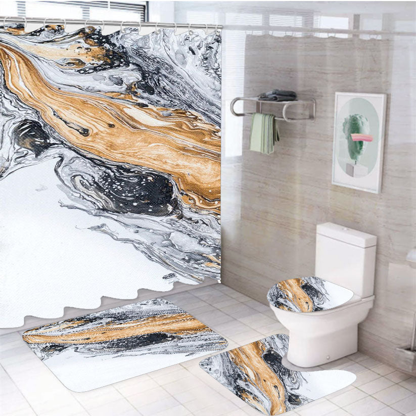 Marble White Milk Gold Liquid 4Pcs Bathroom Set Shower Curtain