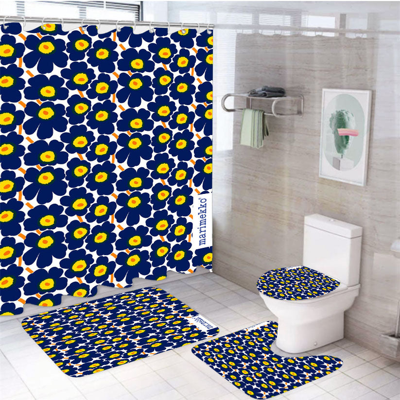 Marimekko Pieni Unikko Blue Flower Pattern 4Pcs Bathroom Set Shower Curtain