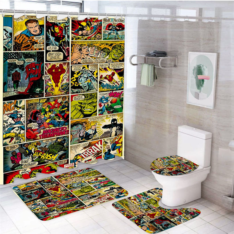 Marvel Comic Book Pages 4Pcs Bathroom Set Shower Curtain