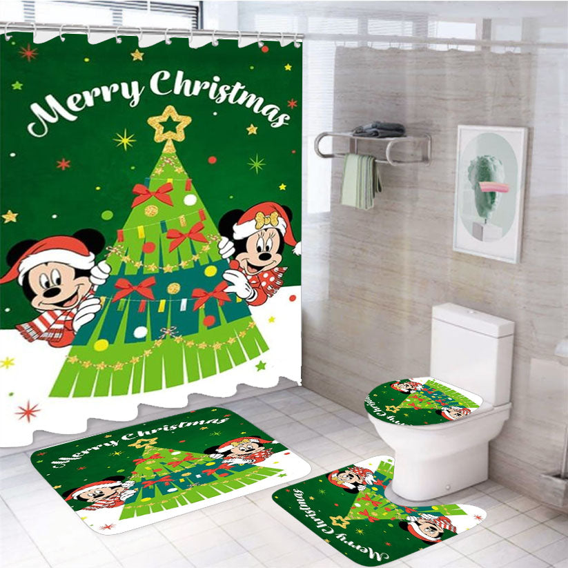 Merry Christmas Mickey And Minnie Tree 4Pcs Bathroom Set Shower Curtain
