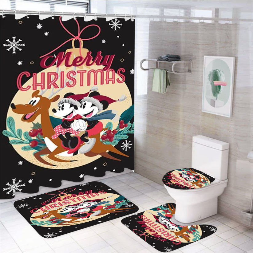Merry Christmas Reindeer Mickey And Minnie 4Pcs Bathroom Set Shower Curtain