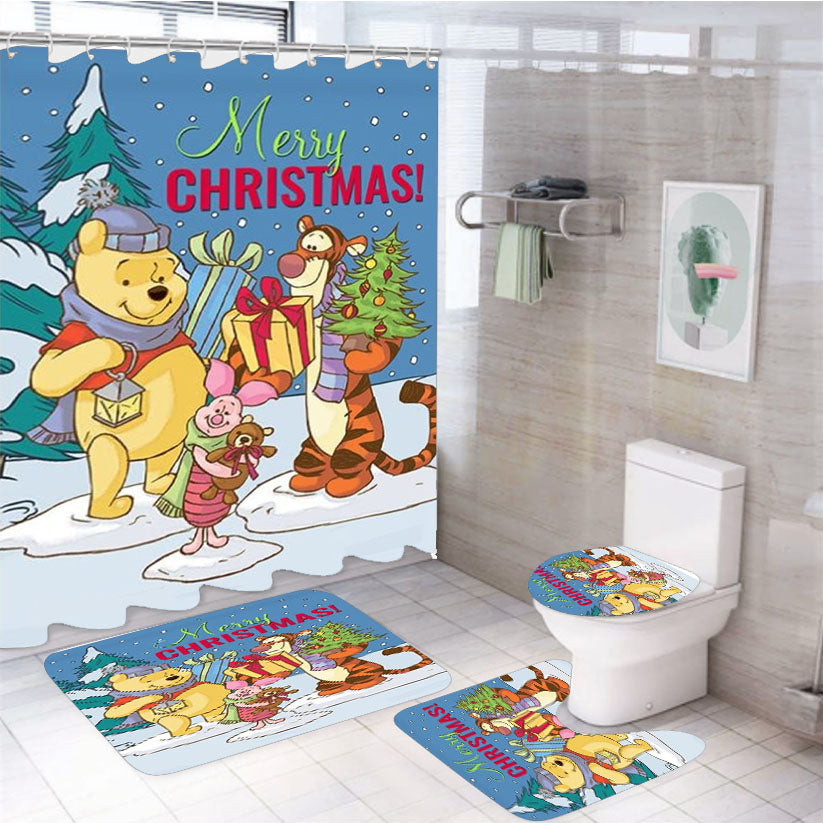 Merry Christmas Winnie The Pooh 4Pcs Bathroom Set Shower Curtain