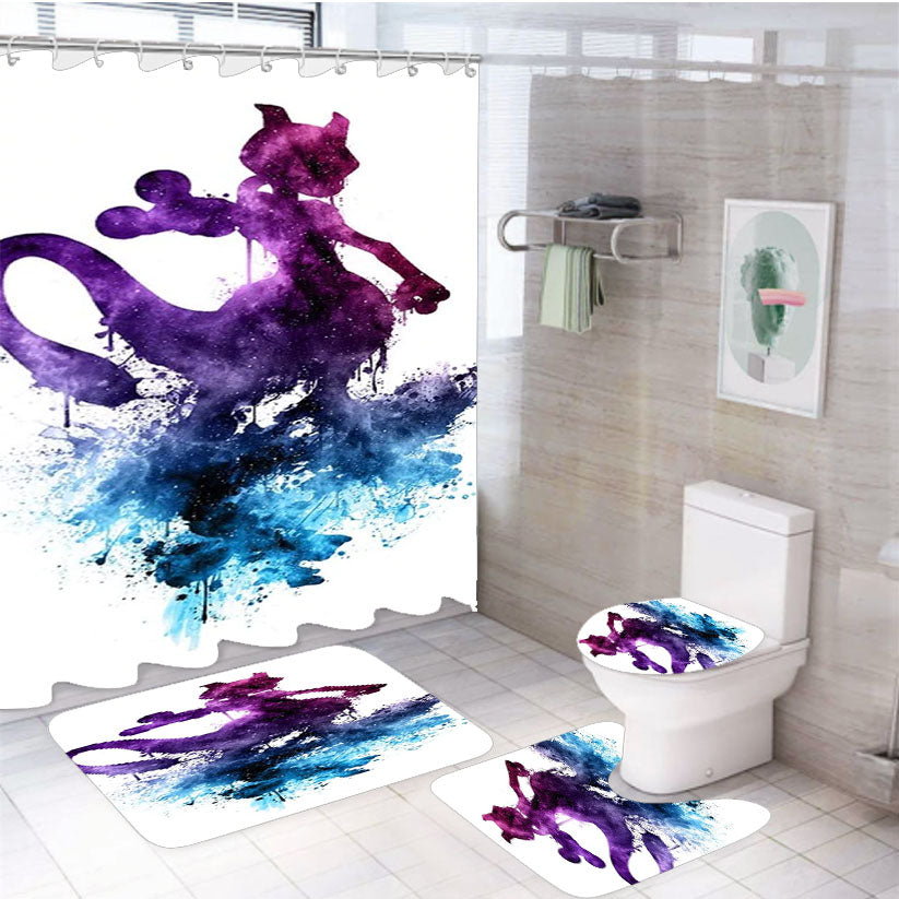 Mewtwo Galaxy Pokemon Silhouette Art 4Pcs Bathroom Set Shower Curtain