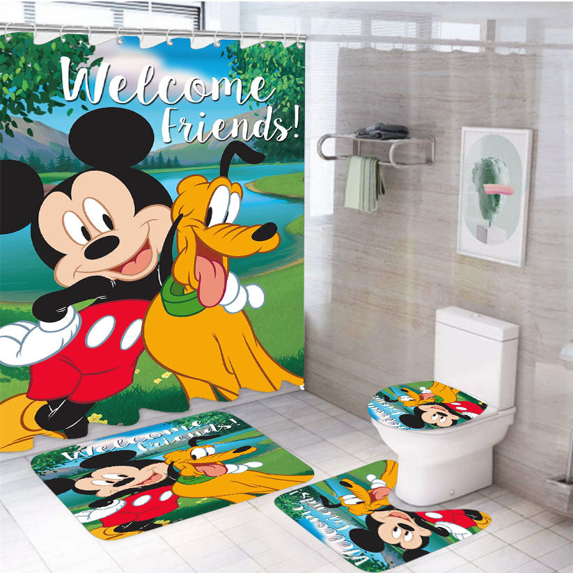 Mickey & Pluto Welcome Friends 4Pcs Bathroom Set Shower Curtain