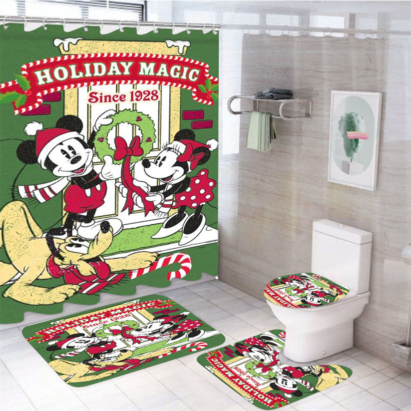 Mickey, Minnie, Pluto Holiday Magic 4Pcs Bathroom Set Shower Curtain