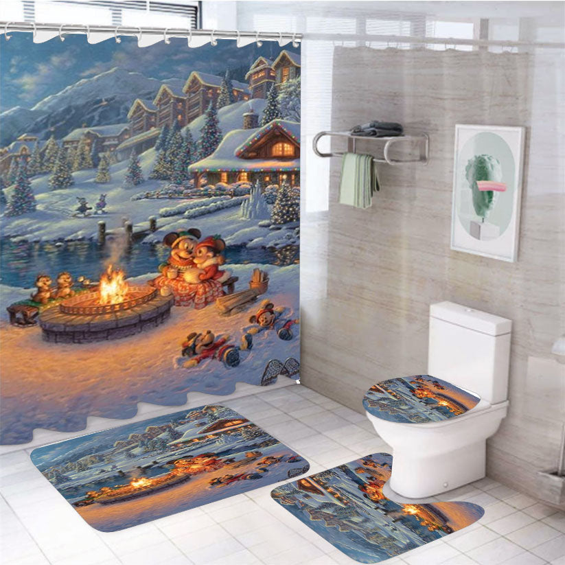 Mickey And Minnie Christmas Lodge 4Pcs Bathroom Set Shower Curtain