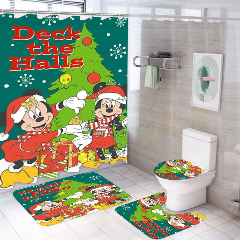 Mickey And Minnie Deck The Halls 4Pcs Bathroom Set Shower Curtain