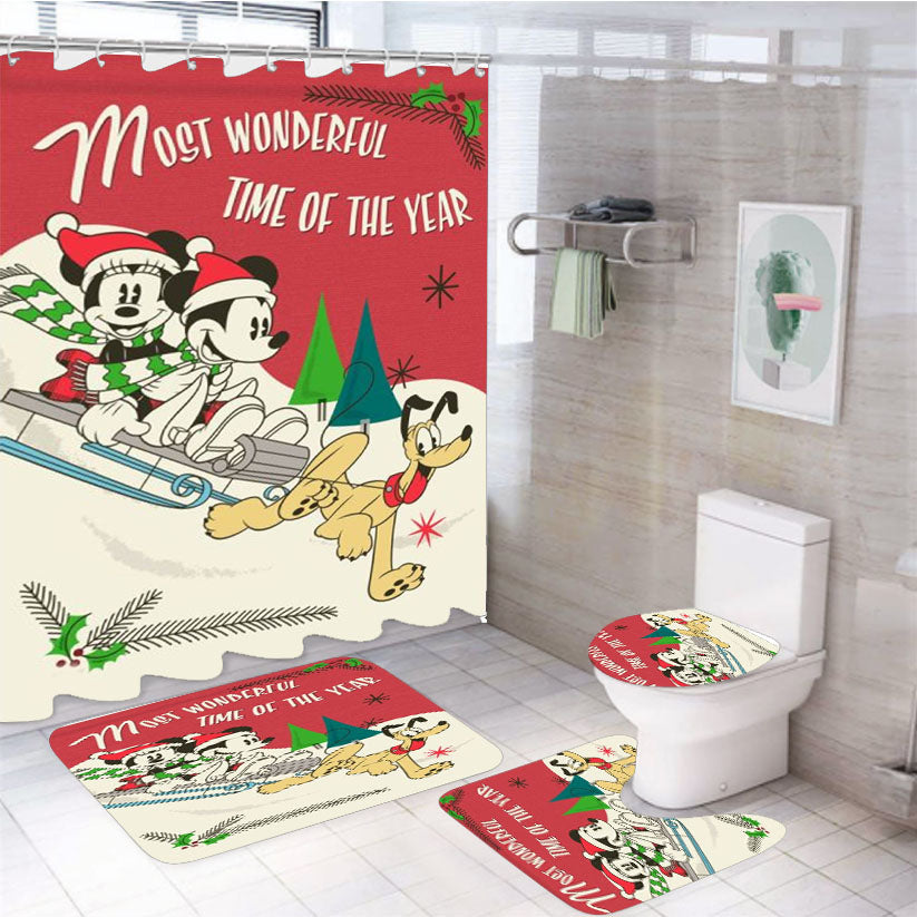 Mickey And Minnie Sledding 4Pcs Bathroom Set Shower Curtain