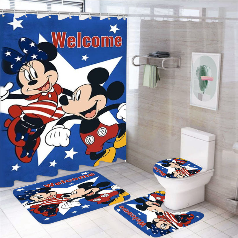 Mickey And Minnie Usa Welcome 4Pcs Bathroom Set Shower Curtain