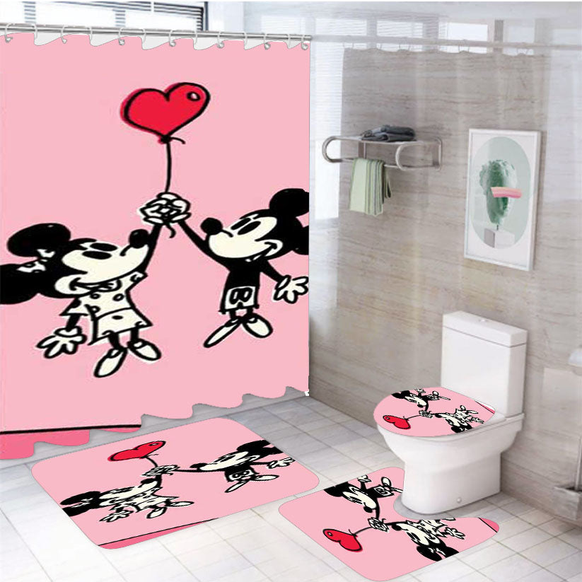 Mickey And Minnie Valentine 4Pcs Bathroom Set Shower Curtain