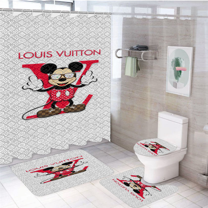 Mickey Louis Vuitton 4Pcs Bathroom Non-Slip Rugs Shower Curtain Fabric Waterproof