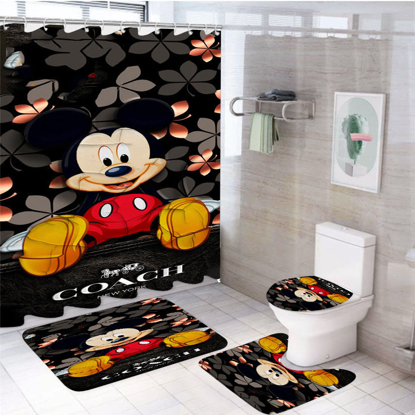 Mickey Mouse Coach Black Flowers 4Pcs Bathroom Set Shower Curtain